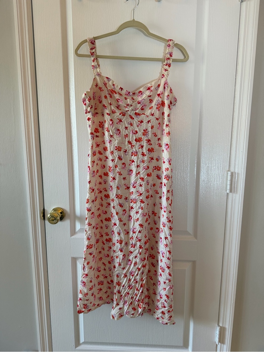 Floral Satin Slip Dress in Cream with Red Pink Blossoms